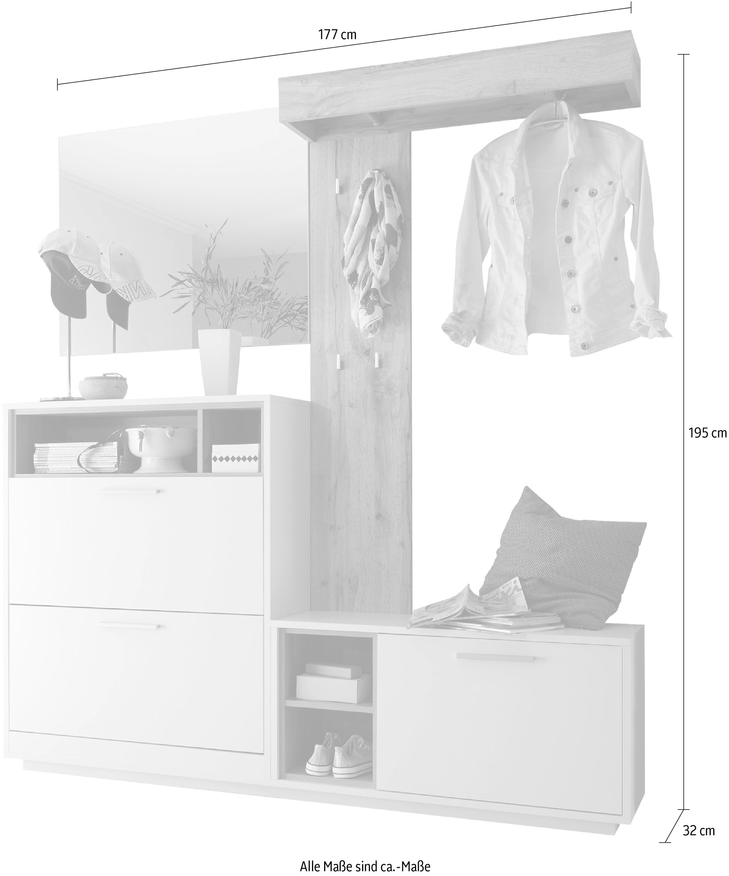 HBZ Kompaktgarderobe »Milano mit Spiegel, BxHxT 177x195x32 cm« 1 Stk. tlg. Mit Schuhkommode, Paneel, Bank und Spiegel