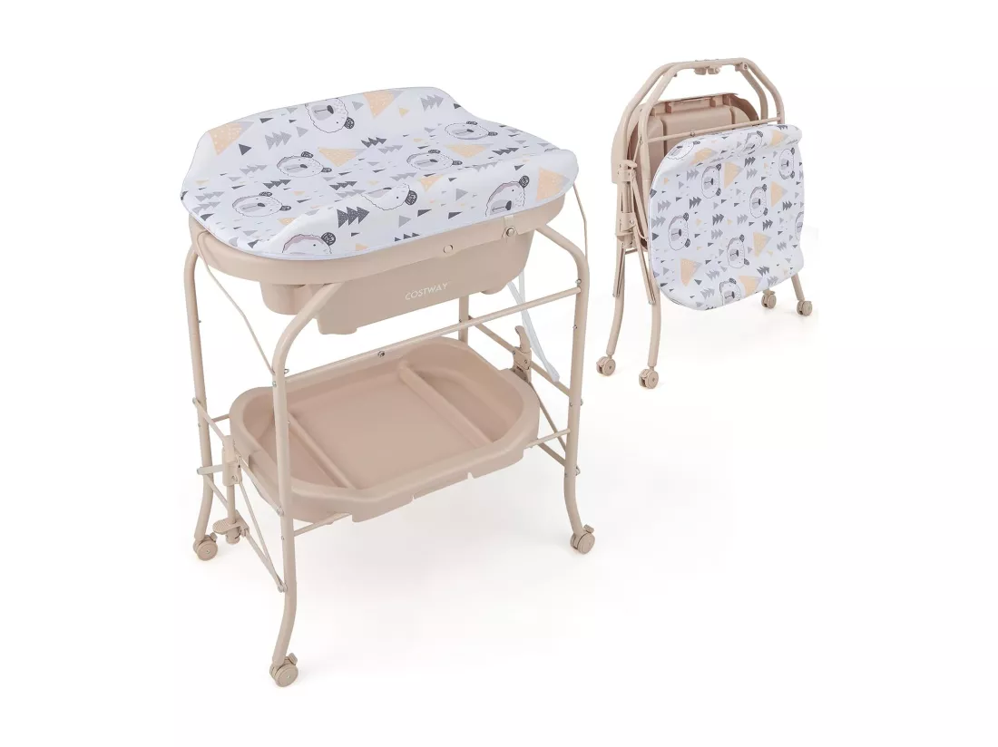 Table à Langer 2 en 1 avec Baignoire 20L Plateau de Rangement, Commode à Langer Pliable Couches Étanches Roue Universelle à Frein Charge 35KG, pour Bébé 0-12 Mois (Beige)