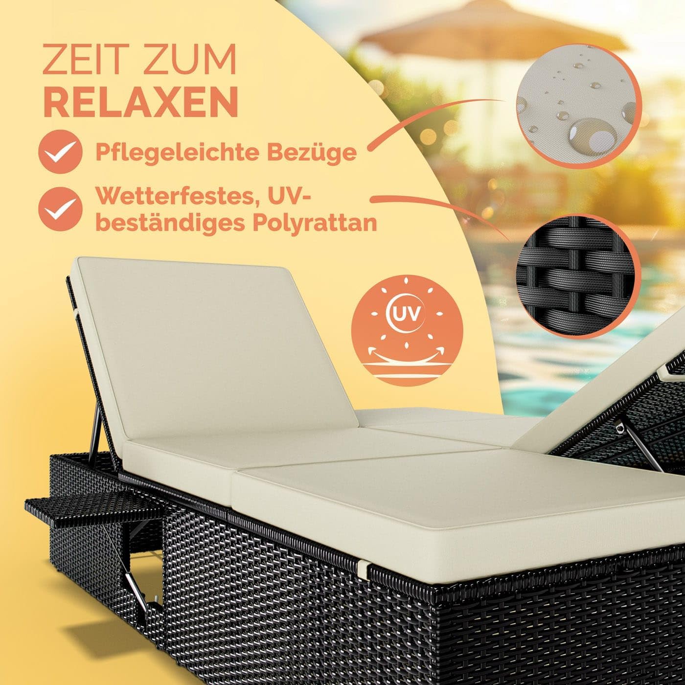 Casaria® Sonnenliege 2 Personen mit Klapptisch 7cm Auflagen Wetterfest Gartenliege 400kg Belastbar Liegestuhl Verstellbar Schwarz Creme 200x115cm