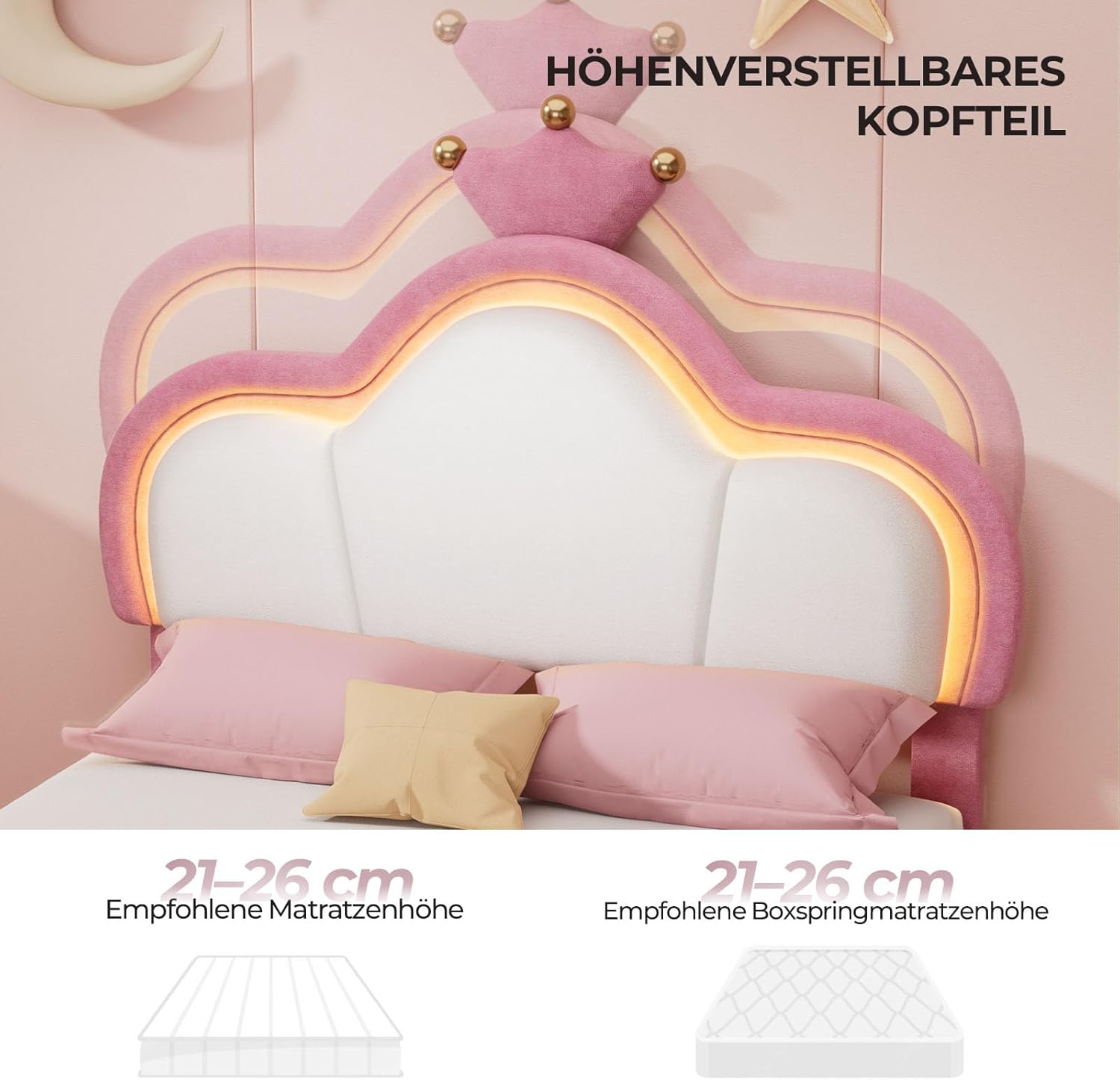 Artswish Polsterbett Kinderbett 90x200 cm, Mädchenbett Prinzessinnenbett mit Lichtleiste, Verstellbares Kopfteil, Bett mit Lattenrost (ohne Matratze), Einzelbett für Schlafzimmer, Loft, Rosa Lila
