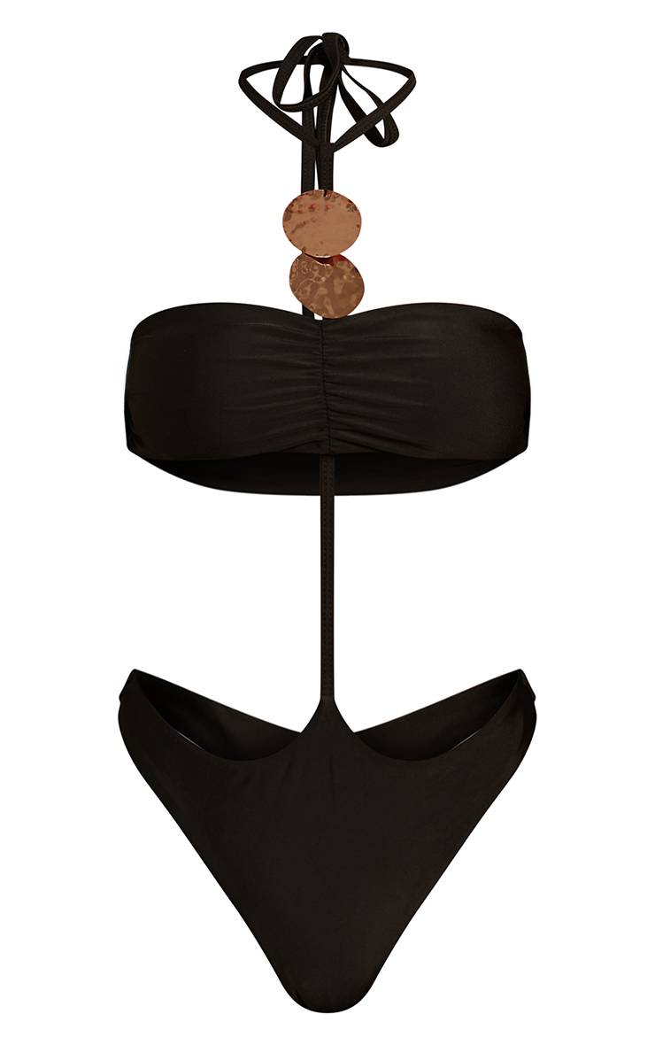 Noir Maillot De Bain Bandeau À Découpes Avec Ornements Disques