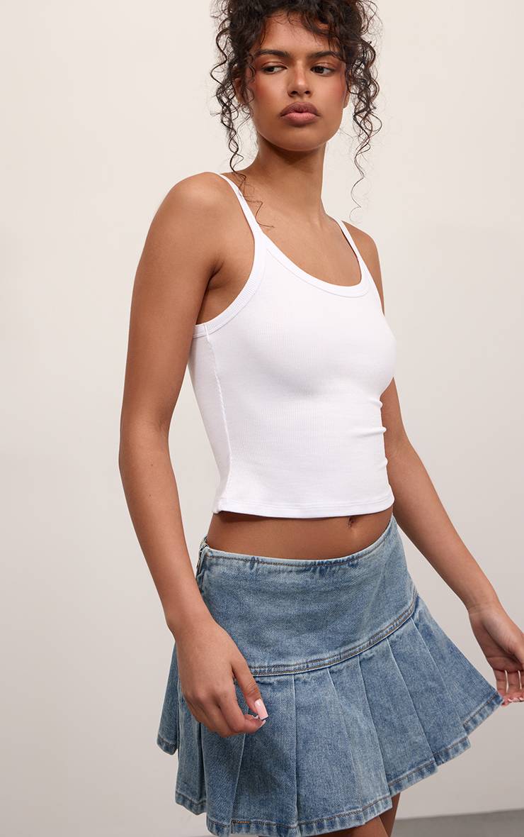 Vintage Mini-jupe Plissée En Denim Indigo Brut Taille Mi-haute