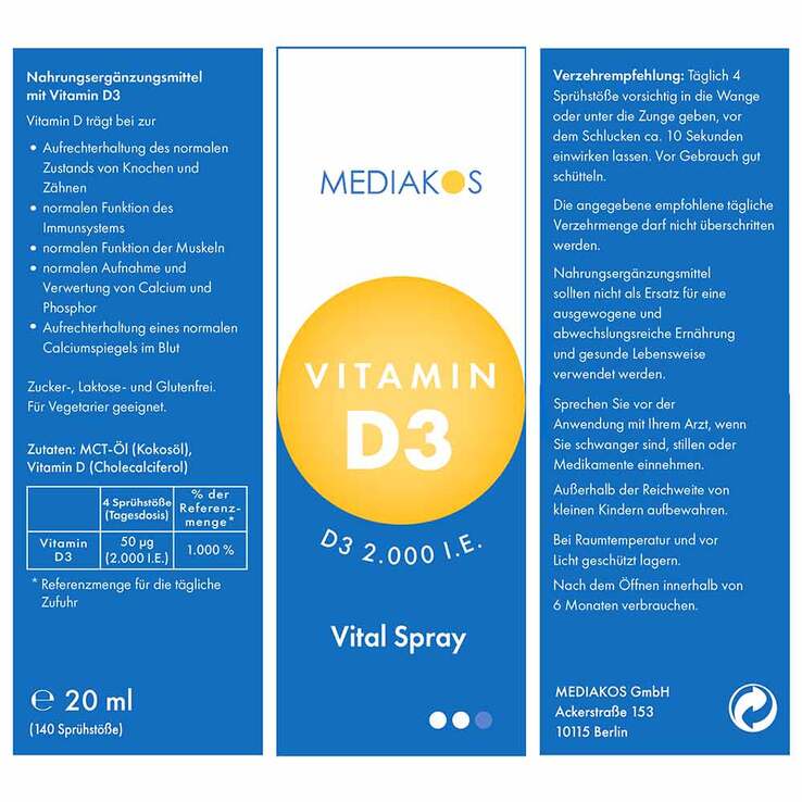 Vitamin D3 2000 I.E. Mediakos Vital Spray, 20 ml