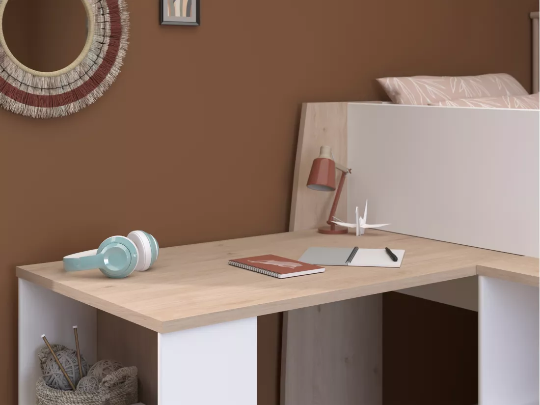 Lit combiné 90 x 200 cm avec bureau et rangements - Blanc et naturel - APOLINO
