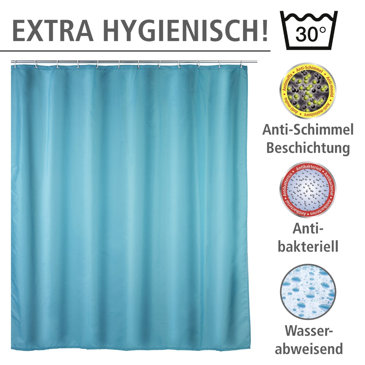 Wenko anti-schimmel douchegordijn 180x200cm polyester uni blauw inclusief ringen
