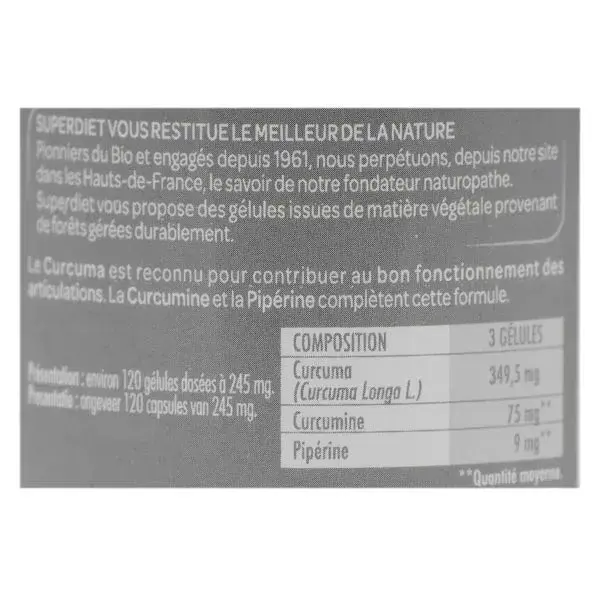 Superdiet Organic Joint Support - Cúrcuma, Curcumina e Piperina - 120 cápsulas