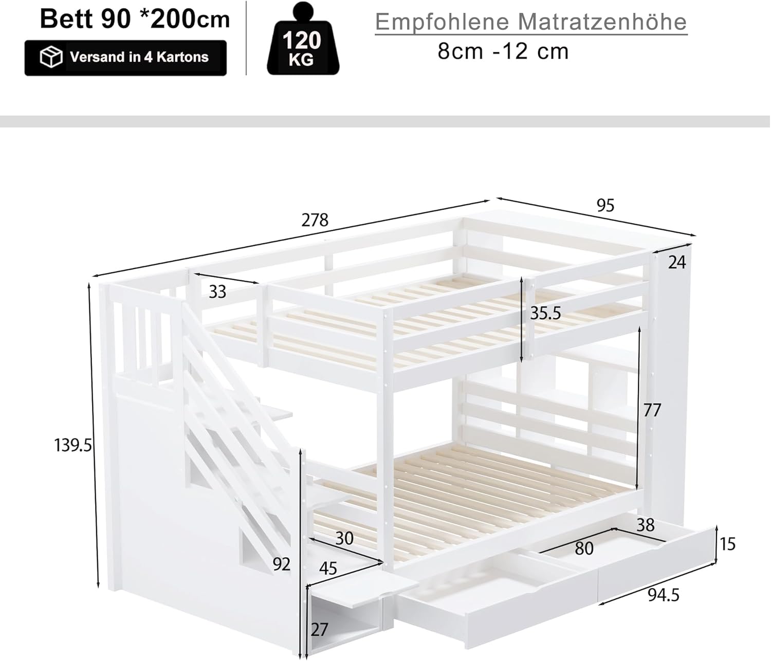 Etagenbett 2 Kinder Kinderbett 90x200 cm mit Schließfächern und Schublade, Hochbett mit Treppe und Rausfallschutz, Stockbett Holzbett Bettgestell mit Lattenrost, Weiß, Ohne Matratze