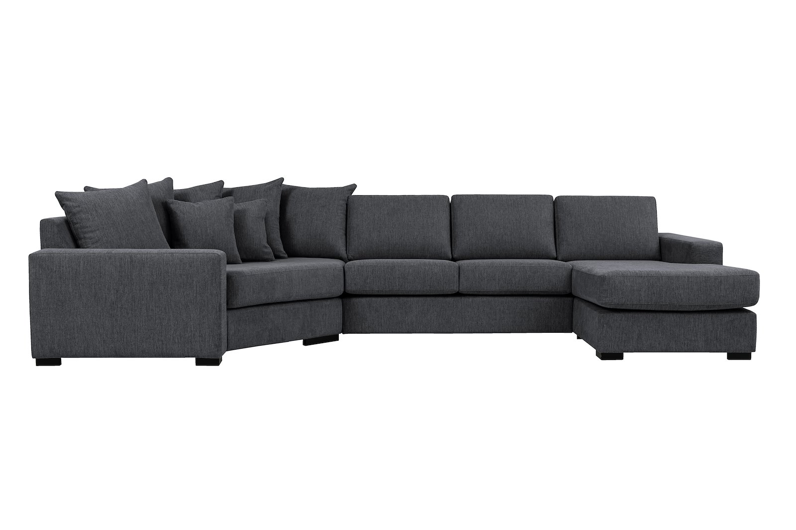 Modern Living U-sofa Cosy Corner venstre og 2-seter med sjeselong høyre.Tekstil Brego 7 Antrazite med Arm A og ben 2 sortbeiset eik.
