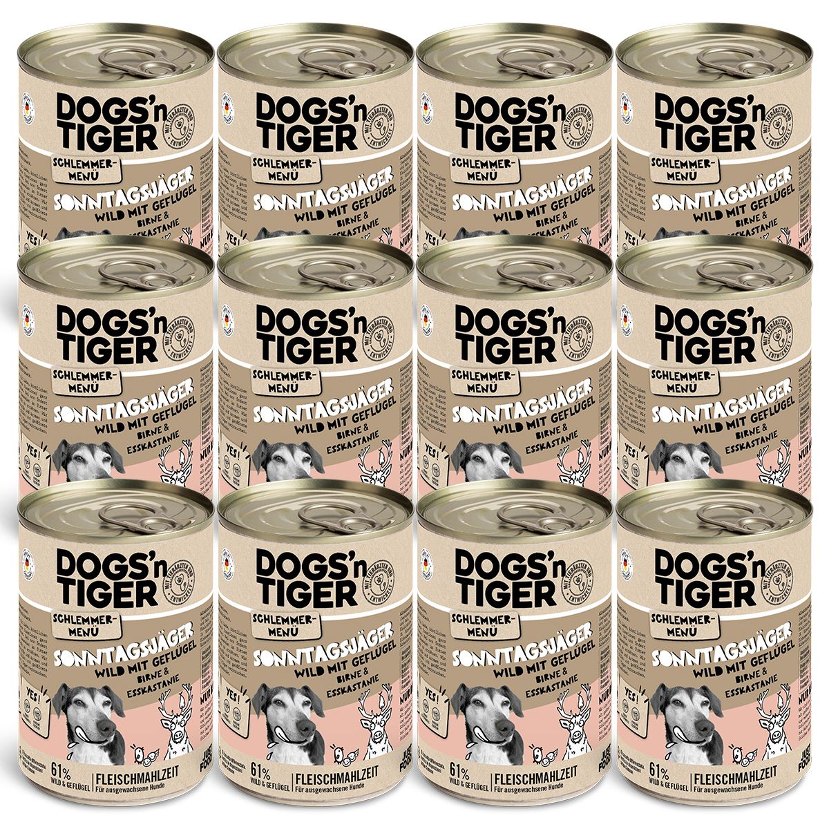 Dogs’n Tiger Adult Hundefutter, Sonntagsjäger, Hunde Nassfutter, Wild, Geflügel, Birne & Karotte