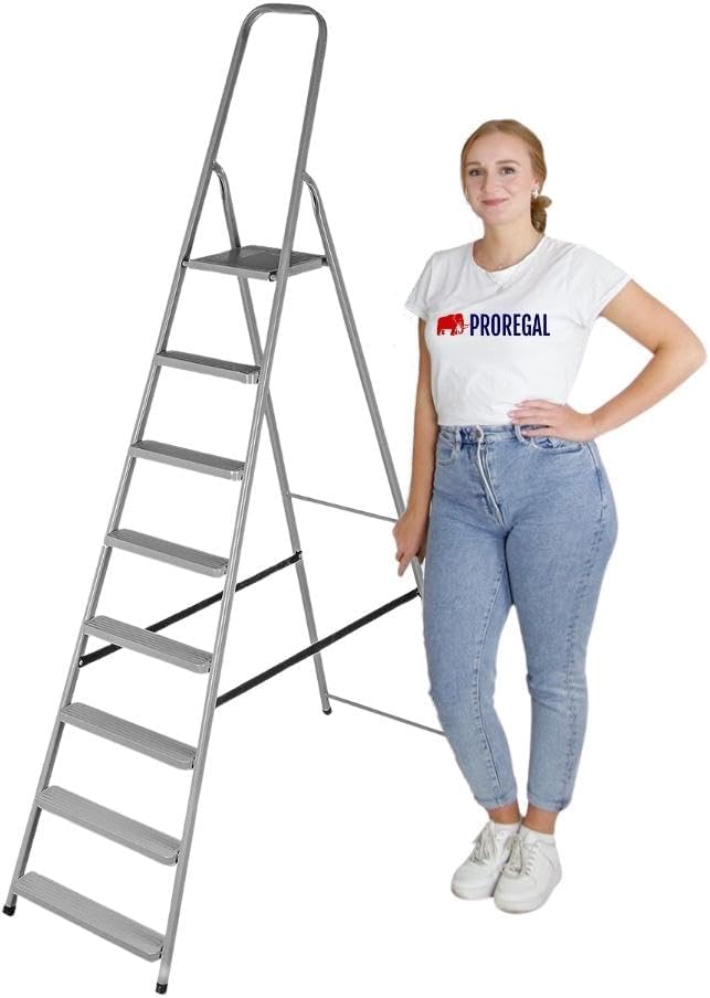 PROREGAL Economy Basic Trapladder, Gemaakt van hoogwaardig staal, Eenzijdig toegankelijk, 8 treden, Werkhoogte 3,68 m, Draagvermogen 125 kg, Antraciet