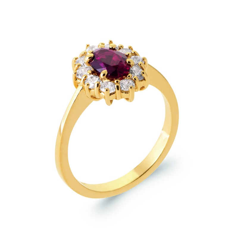 Bague Femme - Plaqué Or - Oxyde de zirconium - Pierre de synthèse rouge