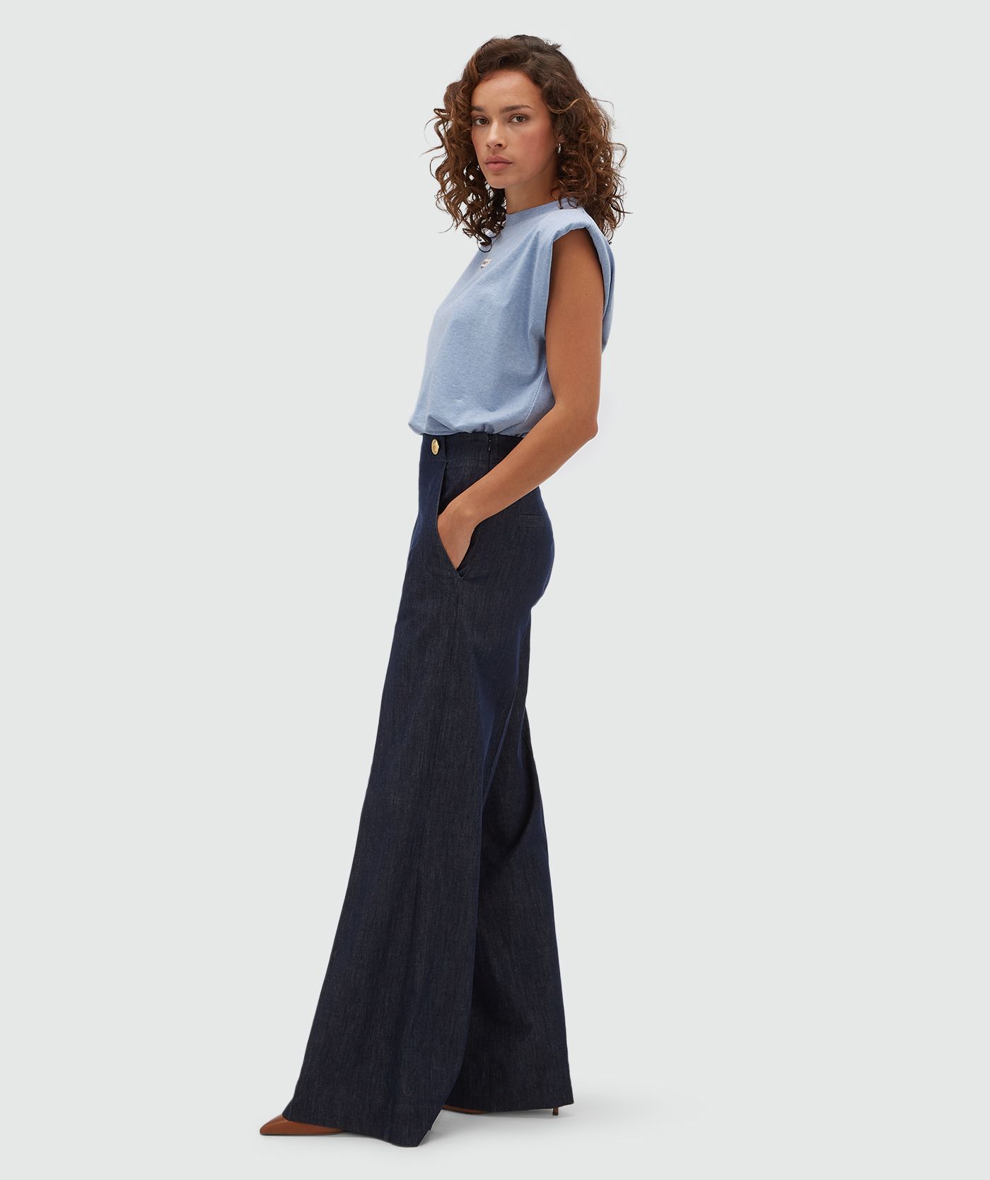 JV-INDRA high waisted wide leg pantalon - dark blue chambray