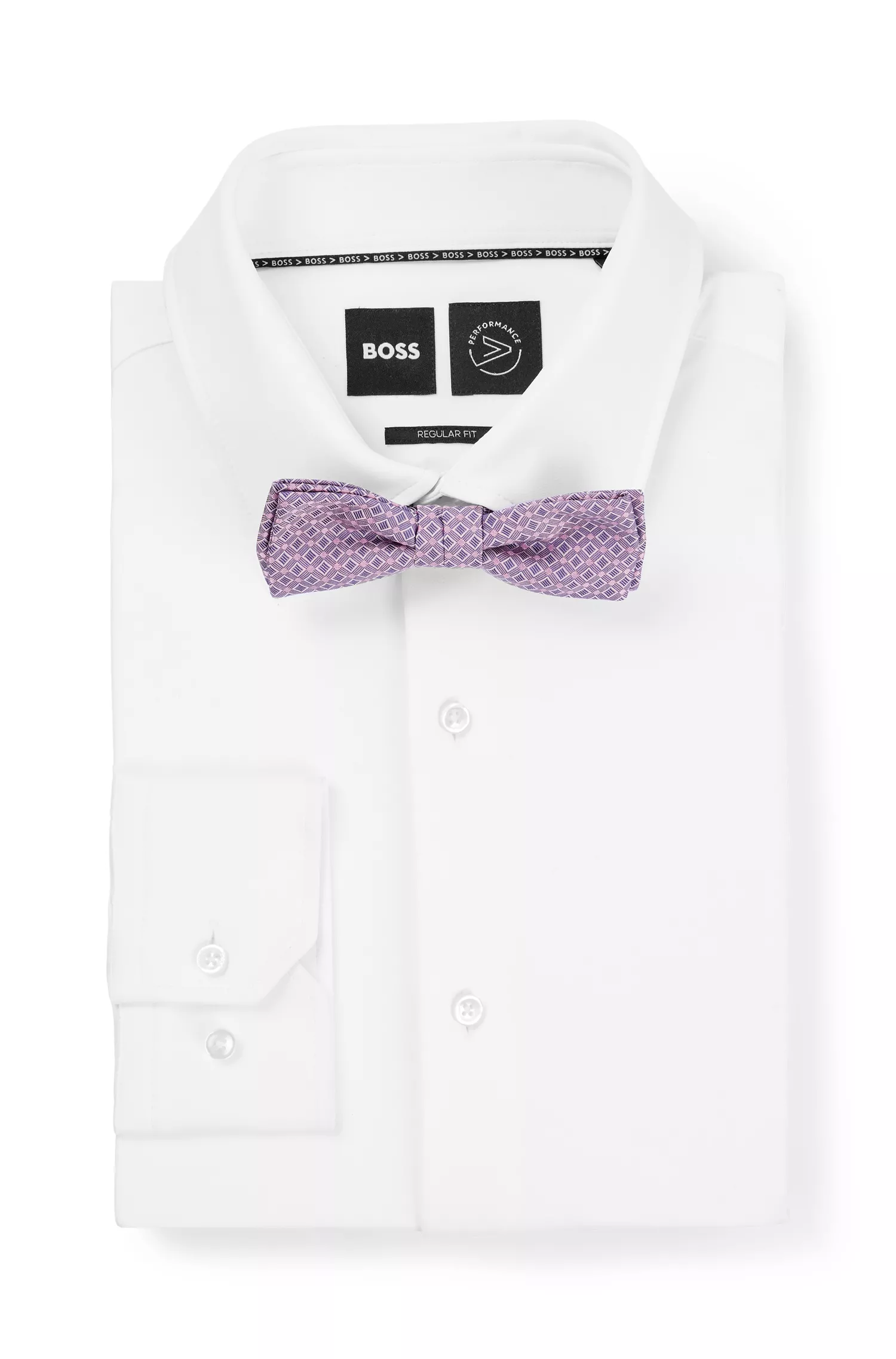 Gravata borboleta BOSS preta, fabricada na Itália, em seda estampada.