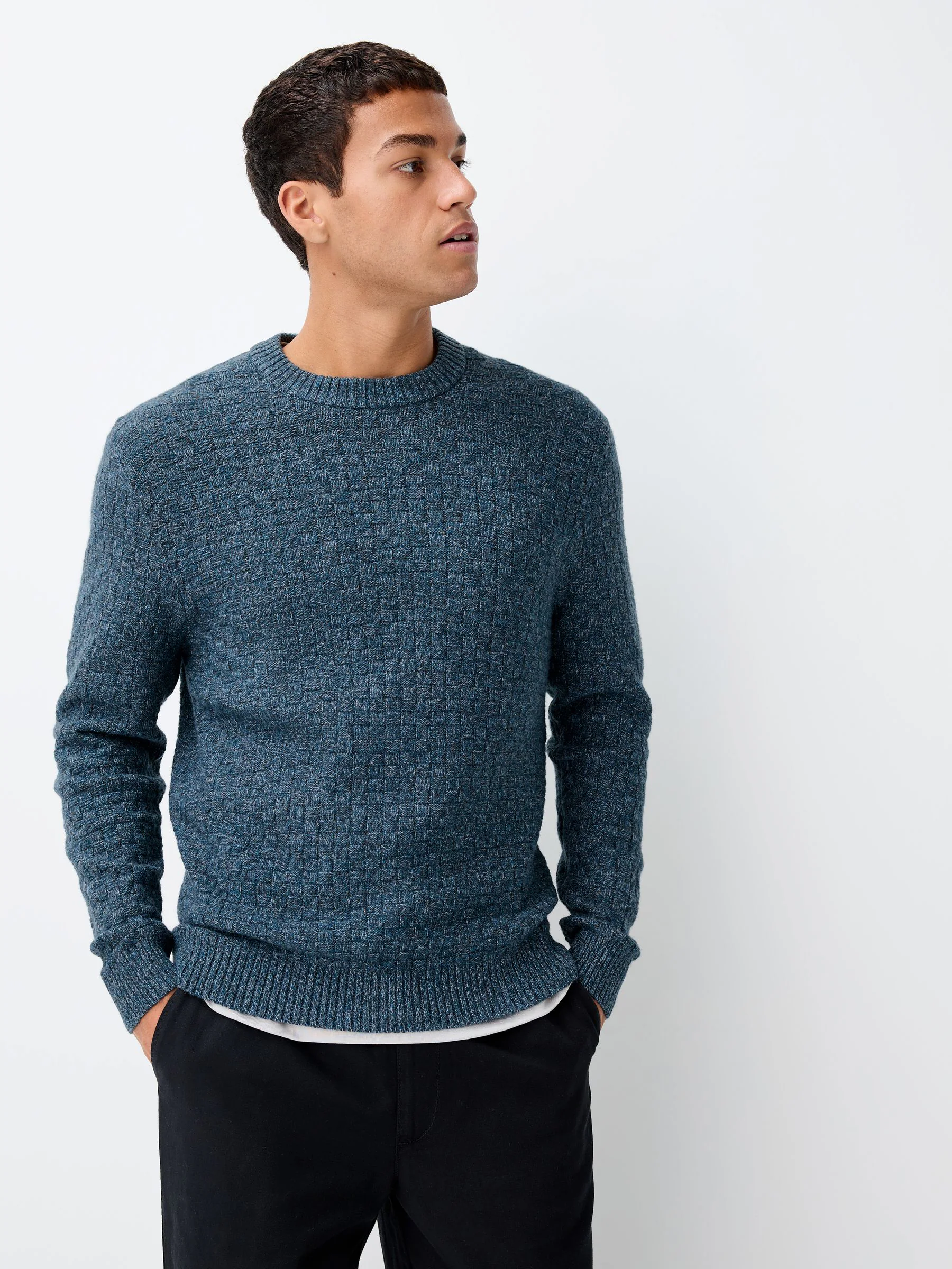 Blauw - Regular Fit Textured Crew Neck Knitted Jumper