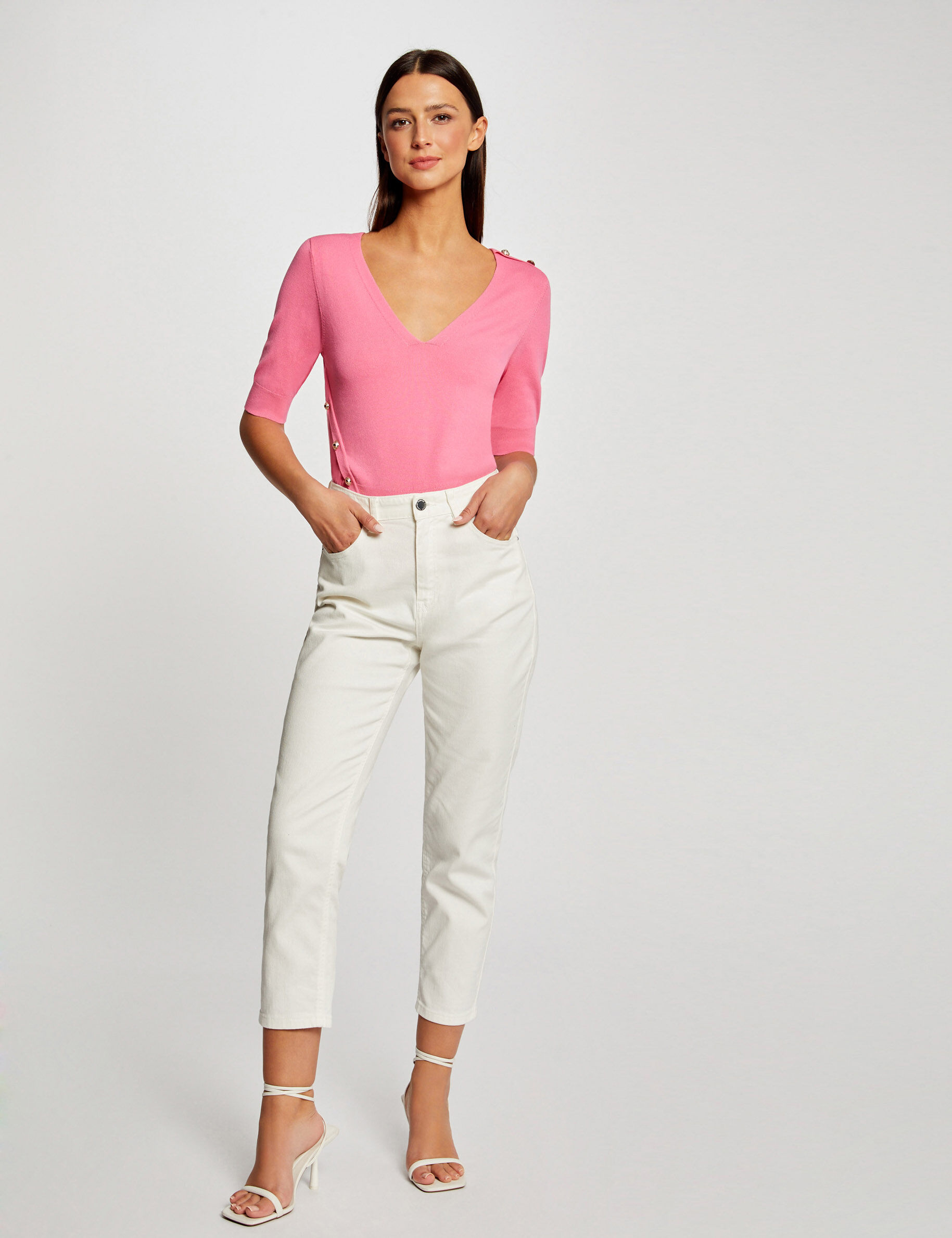 Pull manches 3/4 avec boutons rose femme - rose