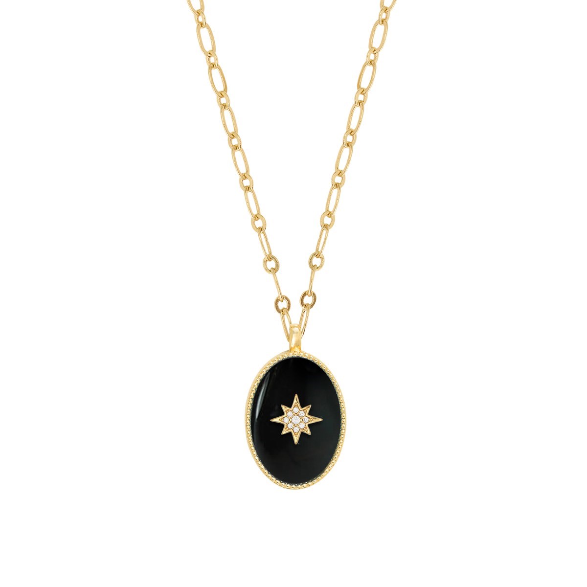 Collier agate noire et étoile zircons doré à l'or fin 24k SALOMÉ