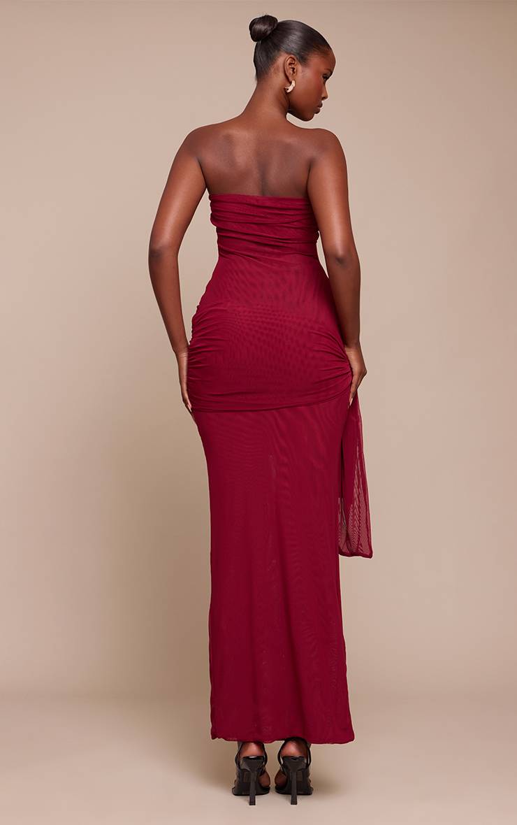 Rouge Vin Robe Longue Moulante En Mesh À Bandeau Avec Nœud