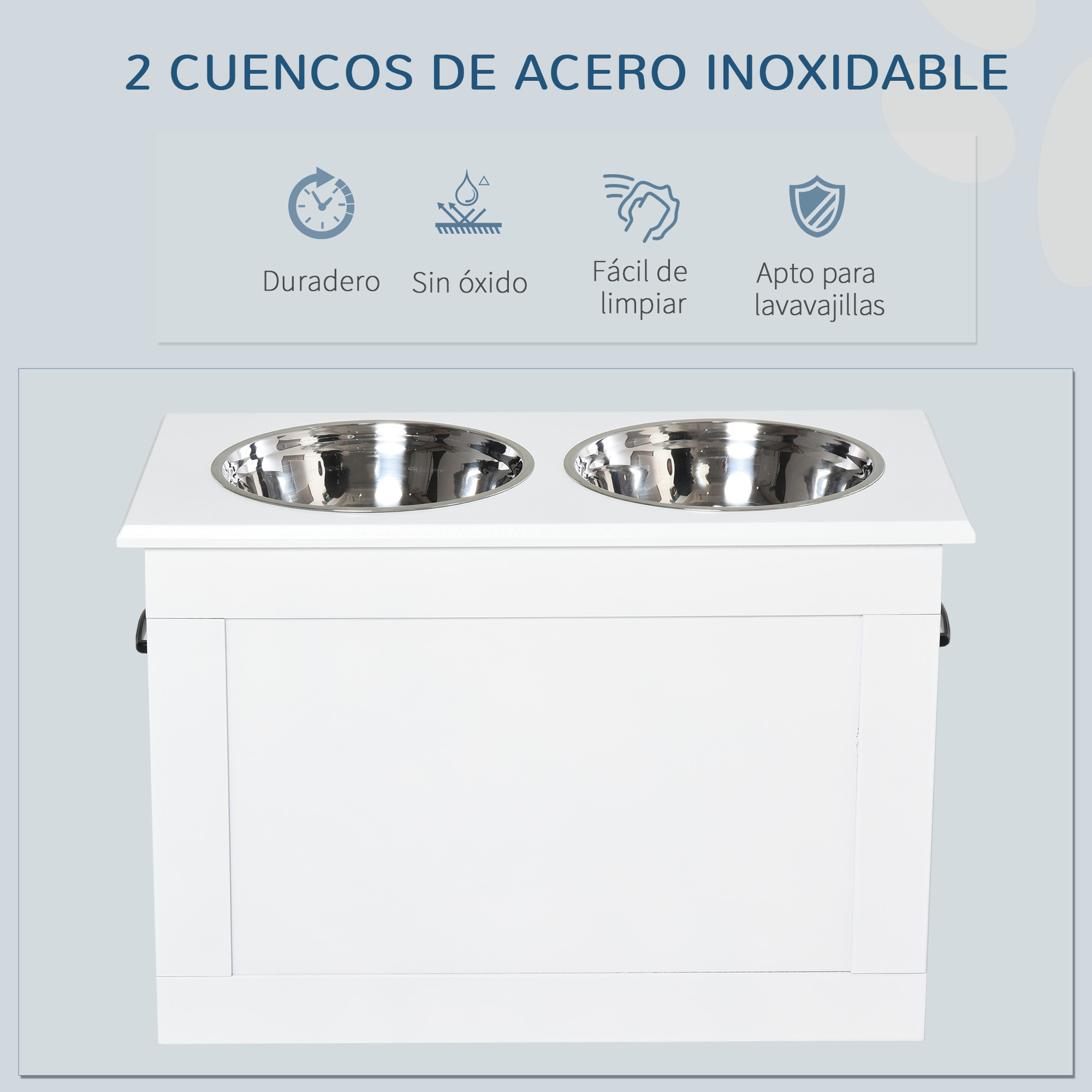 Comedouro elevado para cães PawHut, com 2 tigelas de aço inoxidável e espaço de armazenamento oculto, 60x30x41 cm, branco.