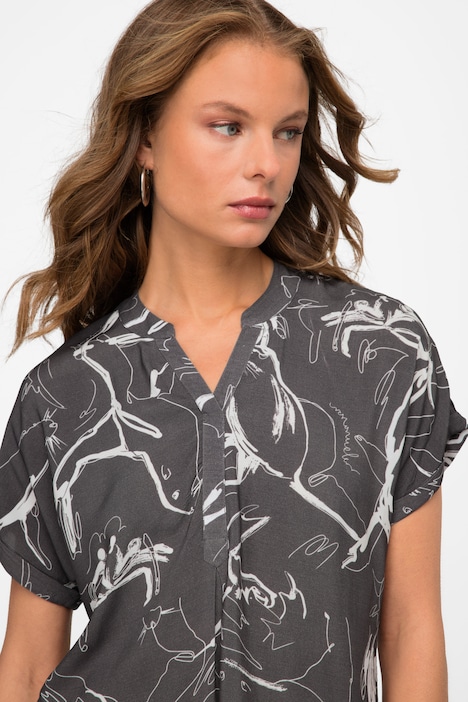 Bluse, oversized, Robben Print, Stehkragen, Halbarm