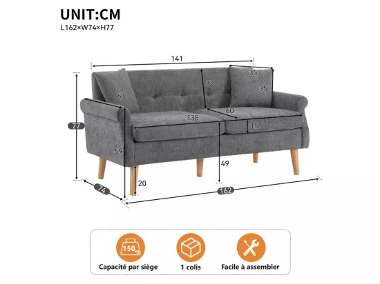 Canapé 2 places en tissu Chenille gris - avec 2 oreillers - accoudoirs rembourrés - 20cm pieds en bois massif -162x74x77cm