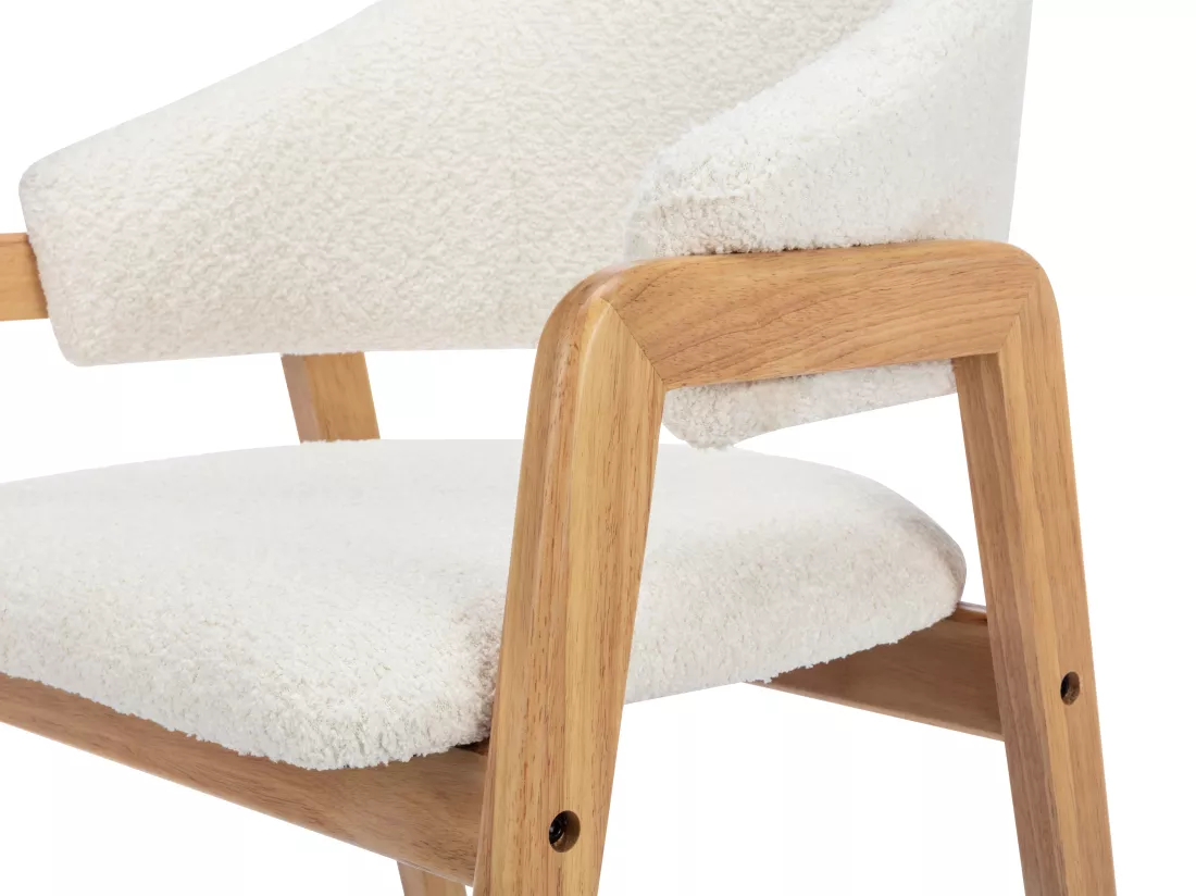 Lot de 2 chaises avec accoudoirs en tissu bouclette et bois d'hévéa - Blanc et naturel - SOLUNA