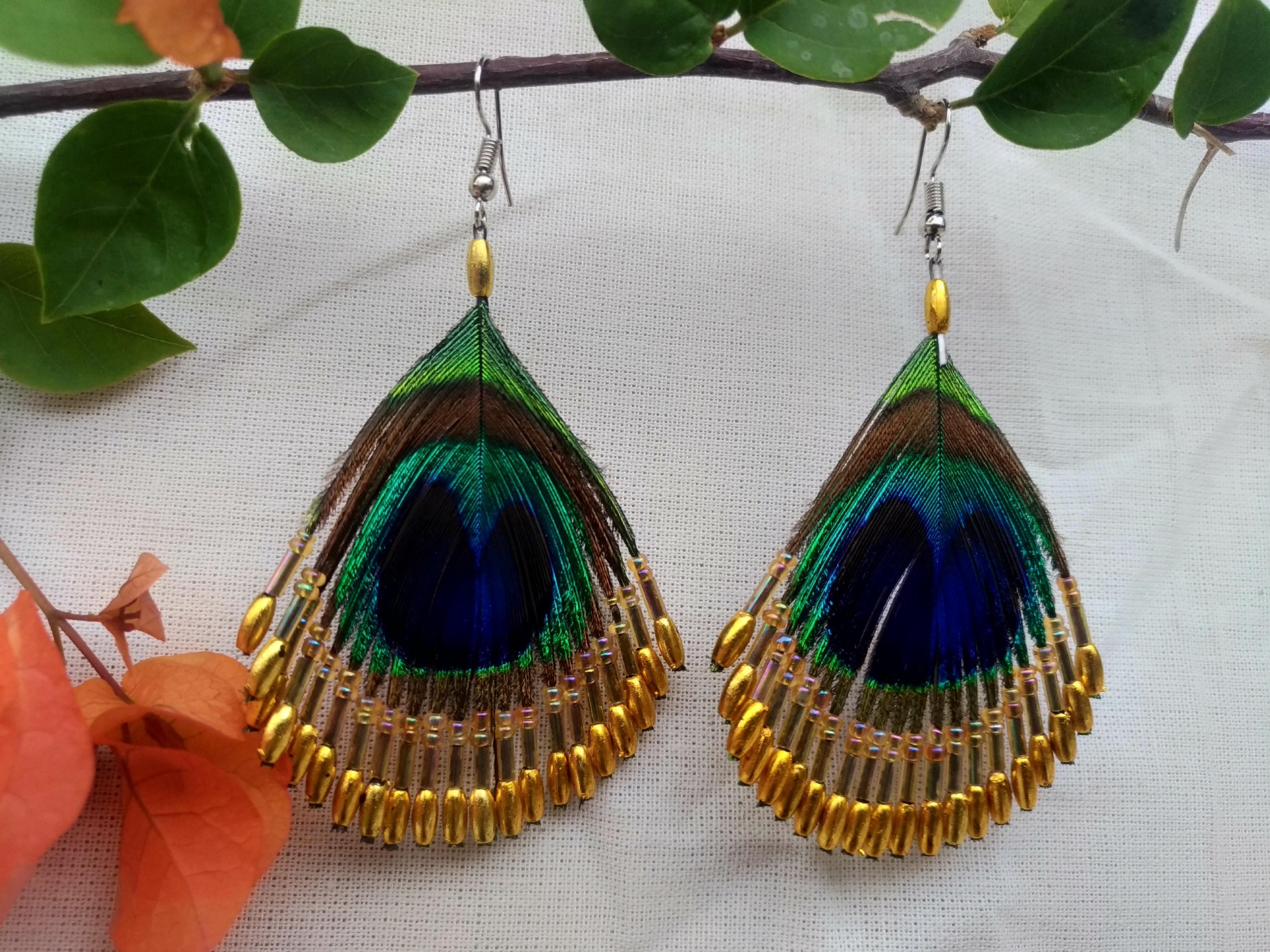 Ohrringe 'Pfauenfeder', multicolor, gold, B 3 cm, H 8 cm günstig bestellen