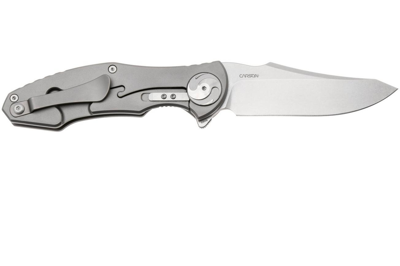 Real Steel Exorcist 9412NM, Stonewashed CPM S35VN, Sandblasted Titanium, Natural Micarta Inlay zakmes, Carson Huang design