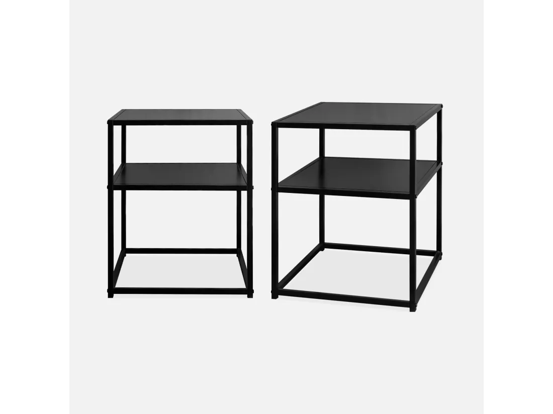 Lot de 2 Tables de chevet en métal noir. 1 étagère. INDUSTRIELLE L 43 x l 40 x H 52cm
