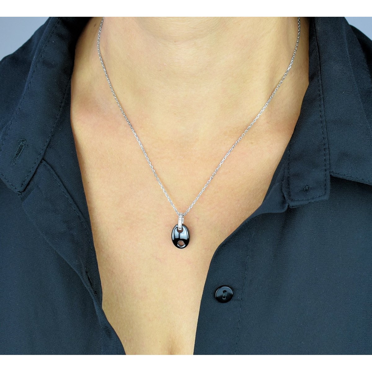 Collier grain de café céramique oxyde de zirconium Argent 925 Rhodié