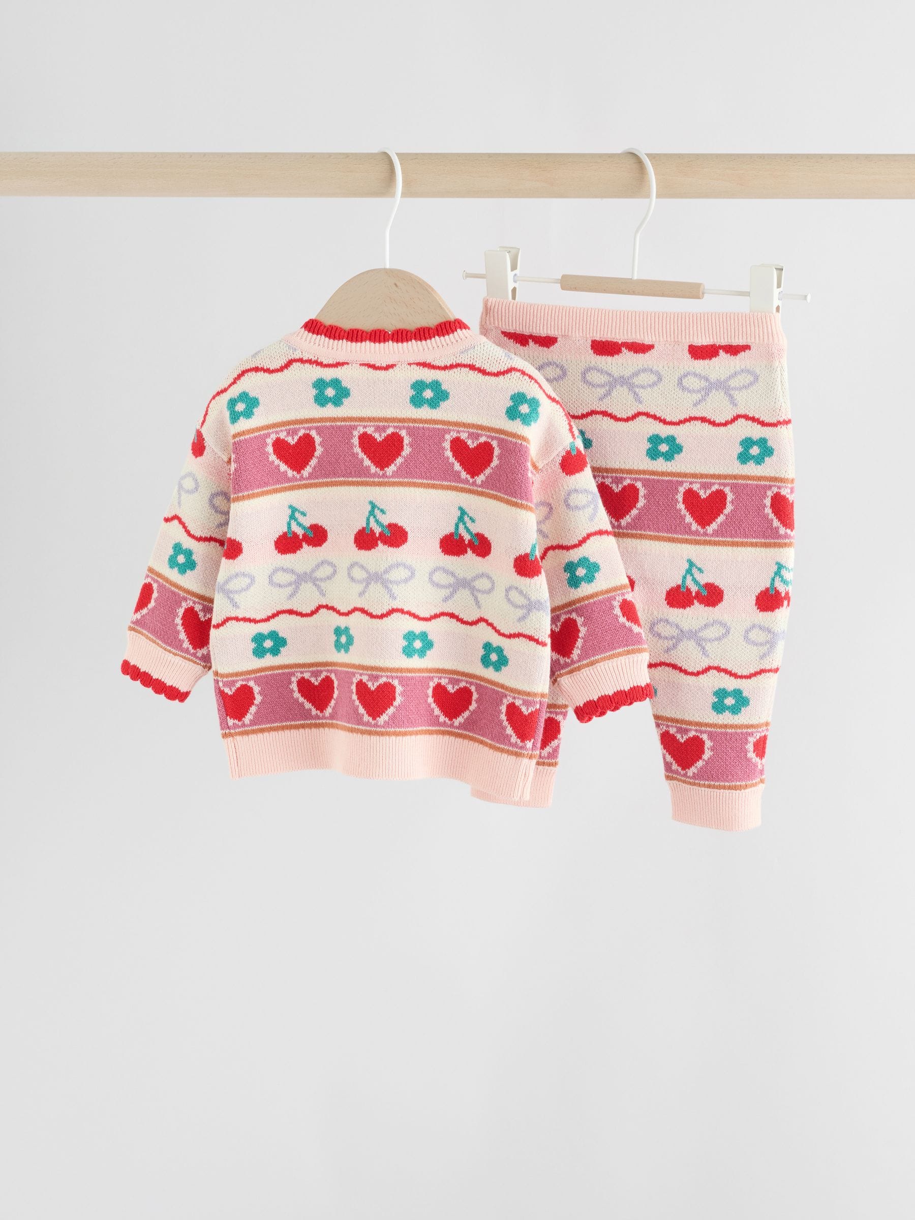 Rood/roze kersen - 2 -delige gebreide baby set met vest en legging (0mnd -3jr)