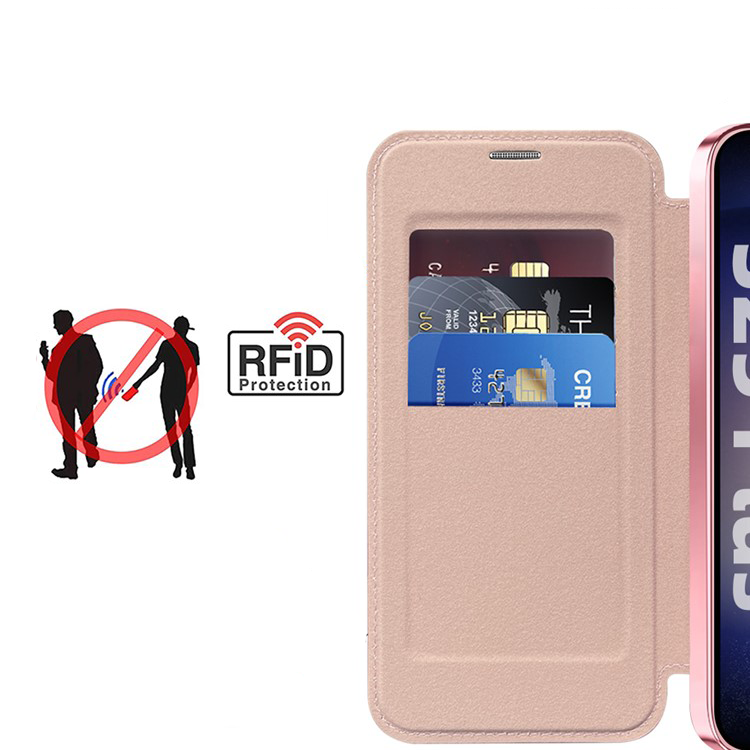 Samsung Galaxy S25 Hybrid Leder Tasche   Kunststoff Rückseite MagSafe-Modul mit Steppmuster (RFID Schutz) - Rosa / Transparent