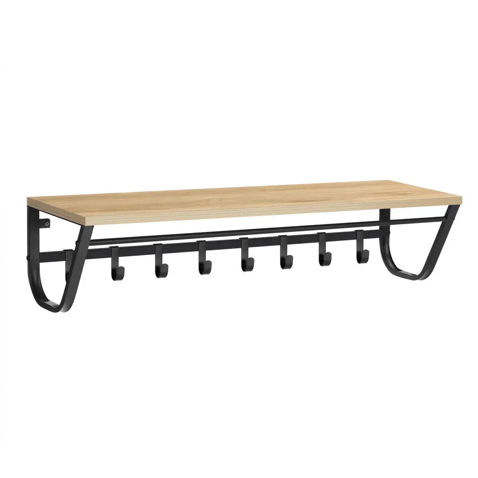 Hangende Kapstok voor Muur of Wand - 8 Haken en 1 Bar - 90 cm Lang - Lichte Eik
