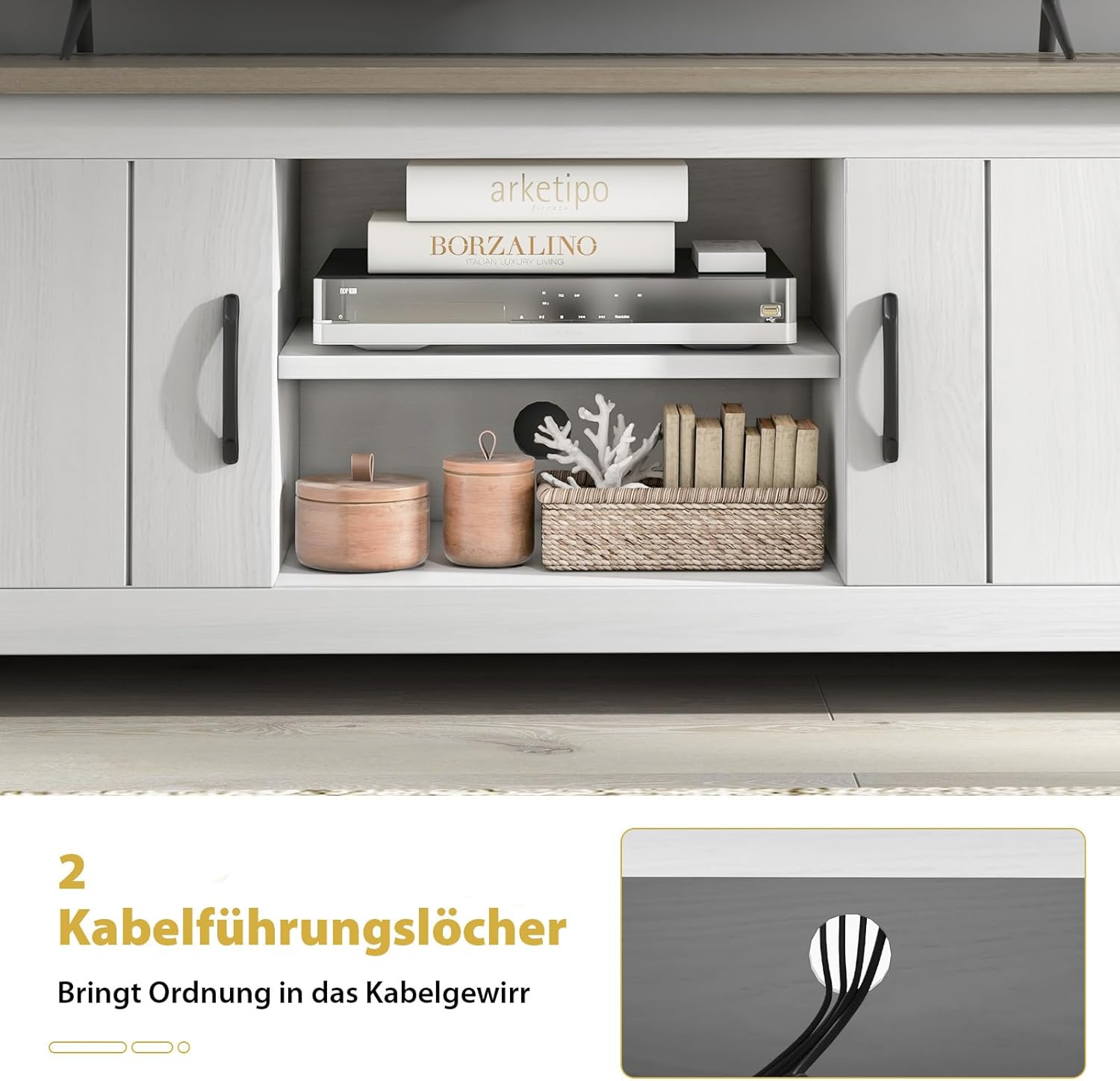 COSTWAY TV Schrank, Lowboard mit 2 Türen und offenen Regalen, TV Ständer für Fernseher bis 65 Zoll, Fernsehtisch, Fernsehschrank für Wohnzimmer, Schlafzimmer, 145 x 40 x 50 cm (Weiß + Grau)