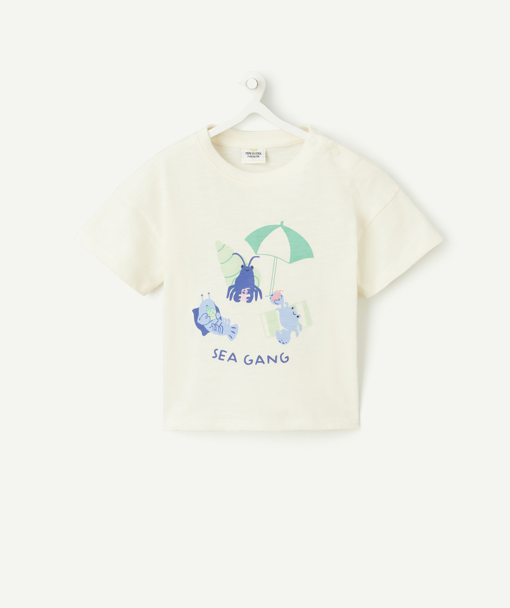 t-shirt manches courtes bébé garçon en coton bio écru avec motif crabes et parasols