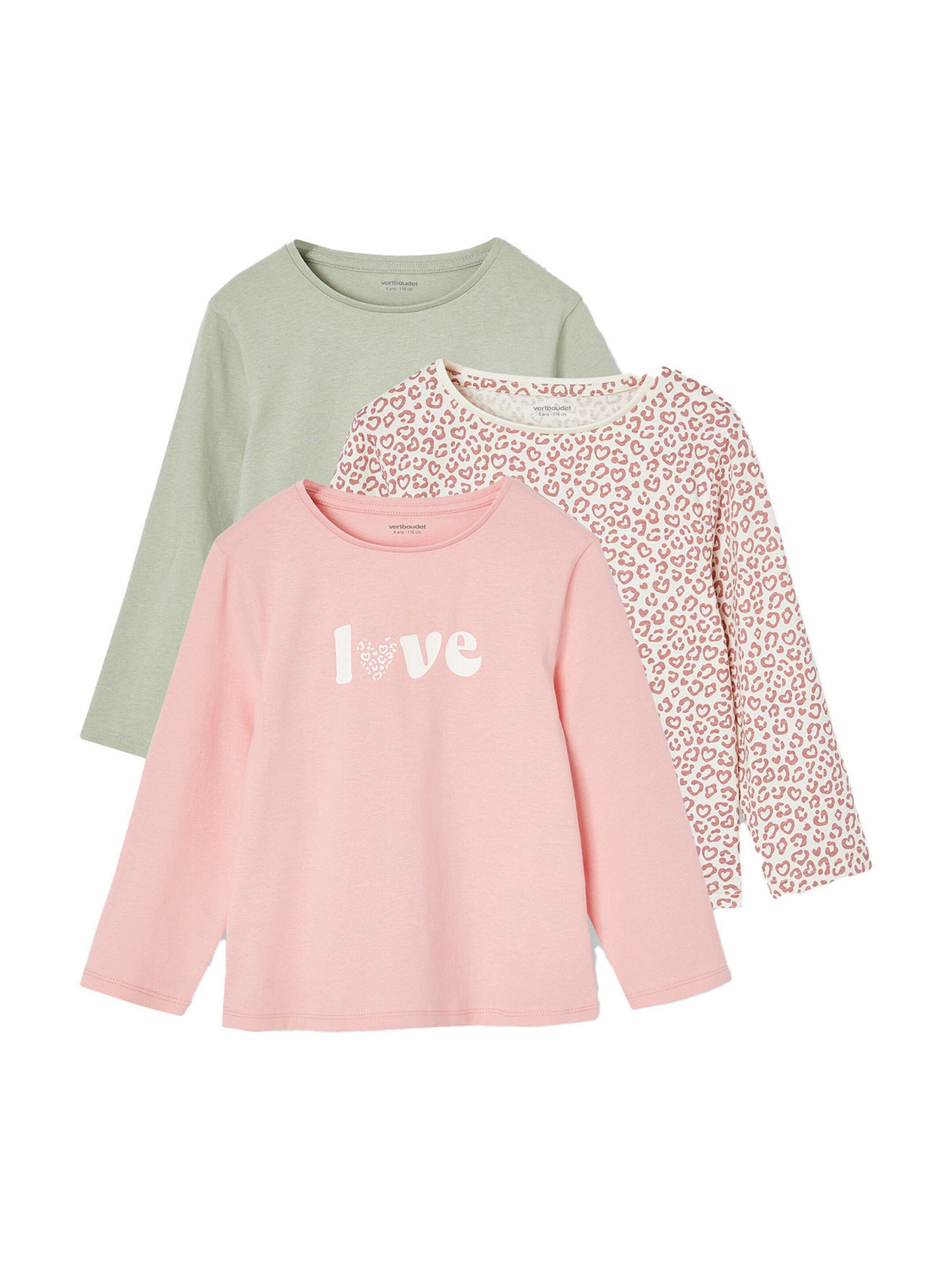 Vertbaudet 3er-Pack Mädchen Shirts mit Print BASIC pack salbeigrün+rosa+leo