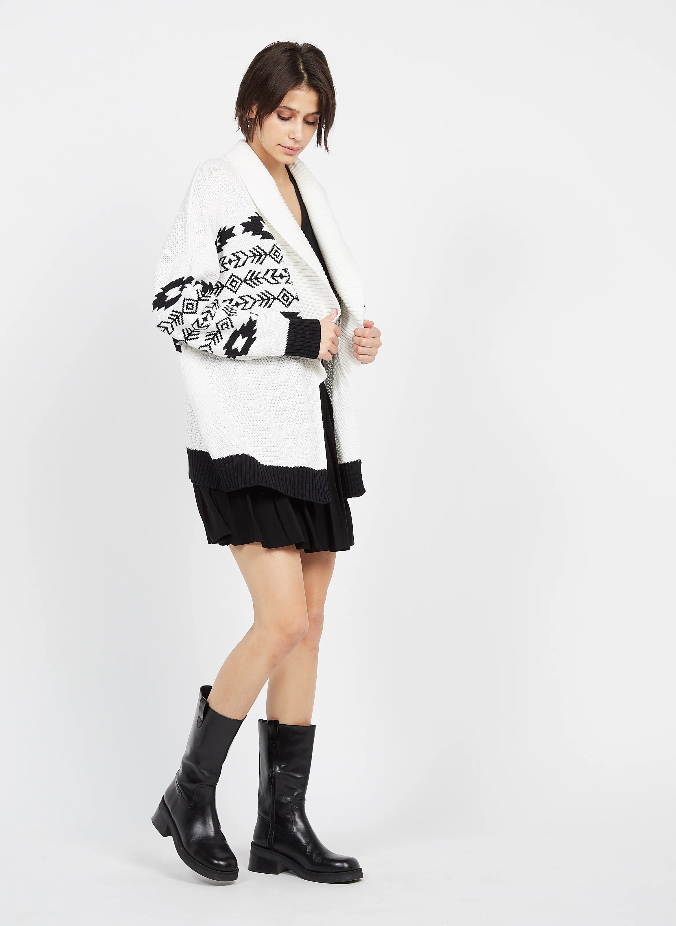 METRA - Gilet col châle jacquard en coton mélangé| Blanc