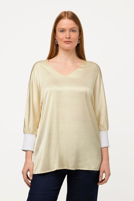 Bluse, Satin, V-Ausschnitt, 3/4-Fledermausärmel