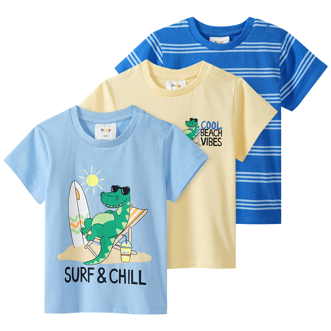 Famy 3 Baby T-Shirts in verschiedenen Dessins hellblau / hellgelb / blau