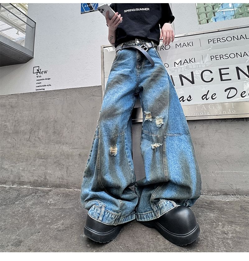ravewider - Mid Rise Washed Distressed Wide Leg Jeans