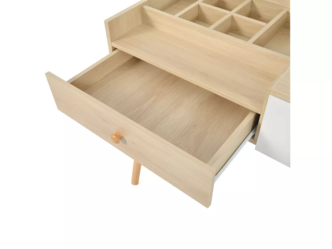 Coiffeuse avec miroir de rangement, 3 tiroirs, multiples compartiments de rangement, grande capacité de rangement - Naturel (tabouret non inclus)