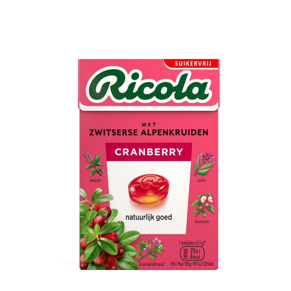 3x Ricola Keelpastilles Cranberry Suikervrij Doosje50 gr