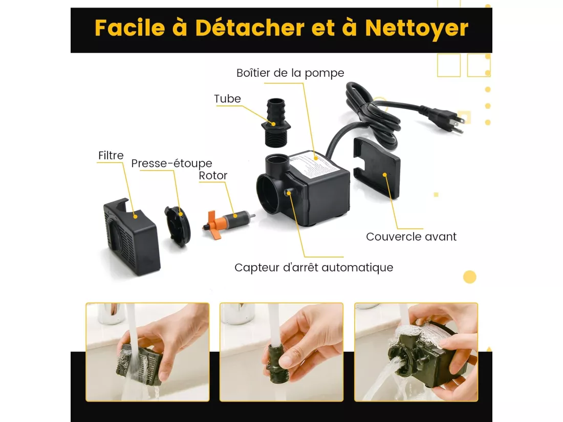 Mini Pompe à Eau Submersible 900L/H 22W, Pompe Aquarium avec Levage Élevé de 2,20 m 3 Buses Différentes et Cordon d'Alimentation de 1,83 m, pour Fontaine Hydroponique Étang