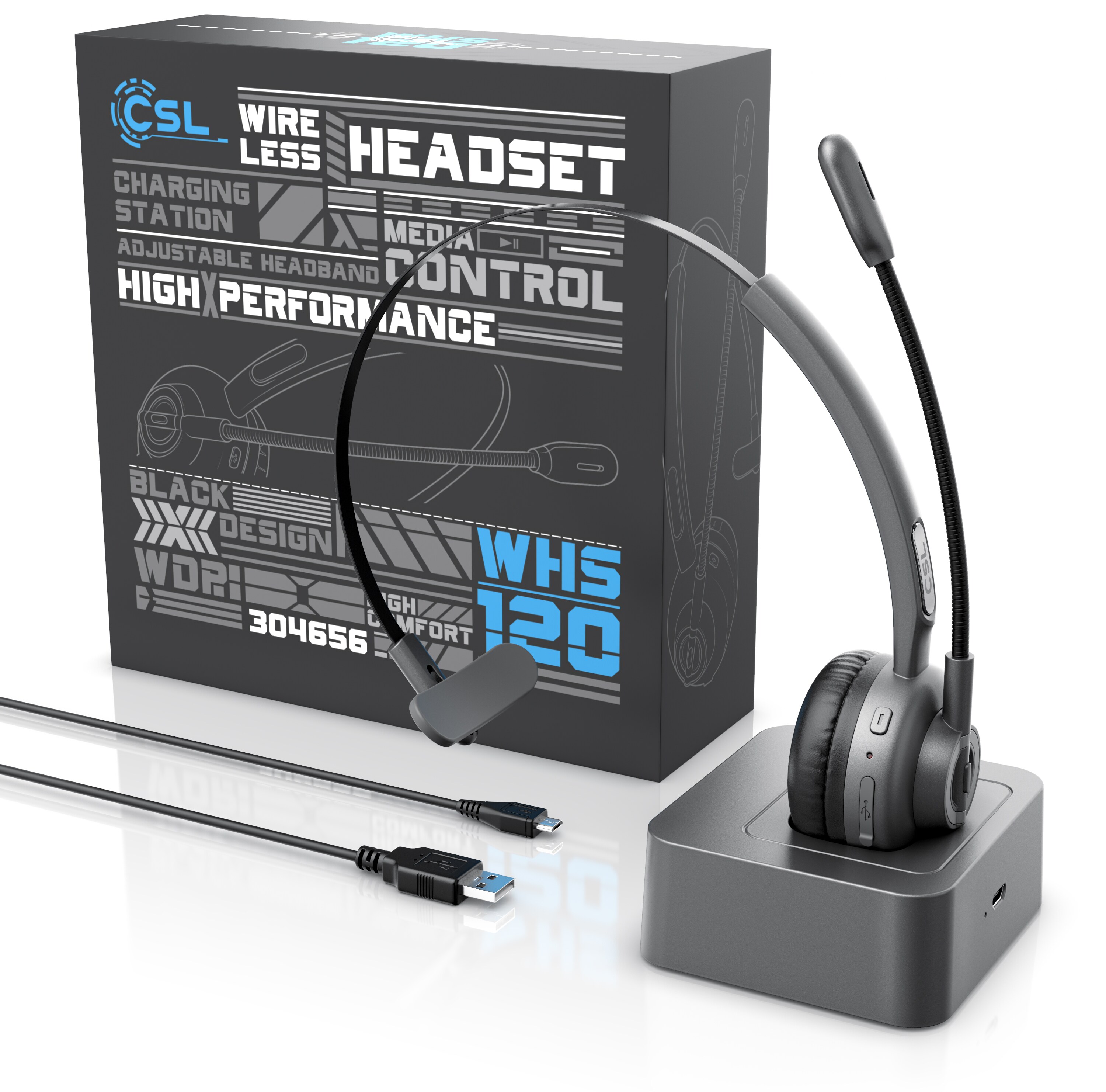 CSL Wireless-Headset Mono, Bluetooth, Ladestation, Kopfhörer mit flexiblem Mikrofon