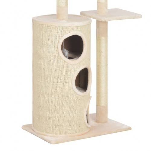Arranhador bege para gatos com hastes de sisal.
