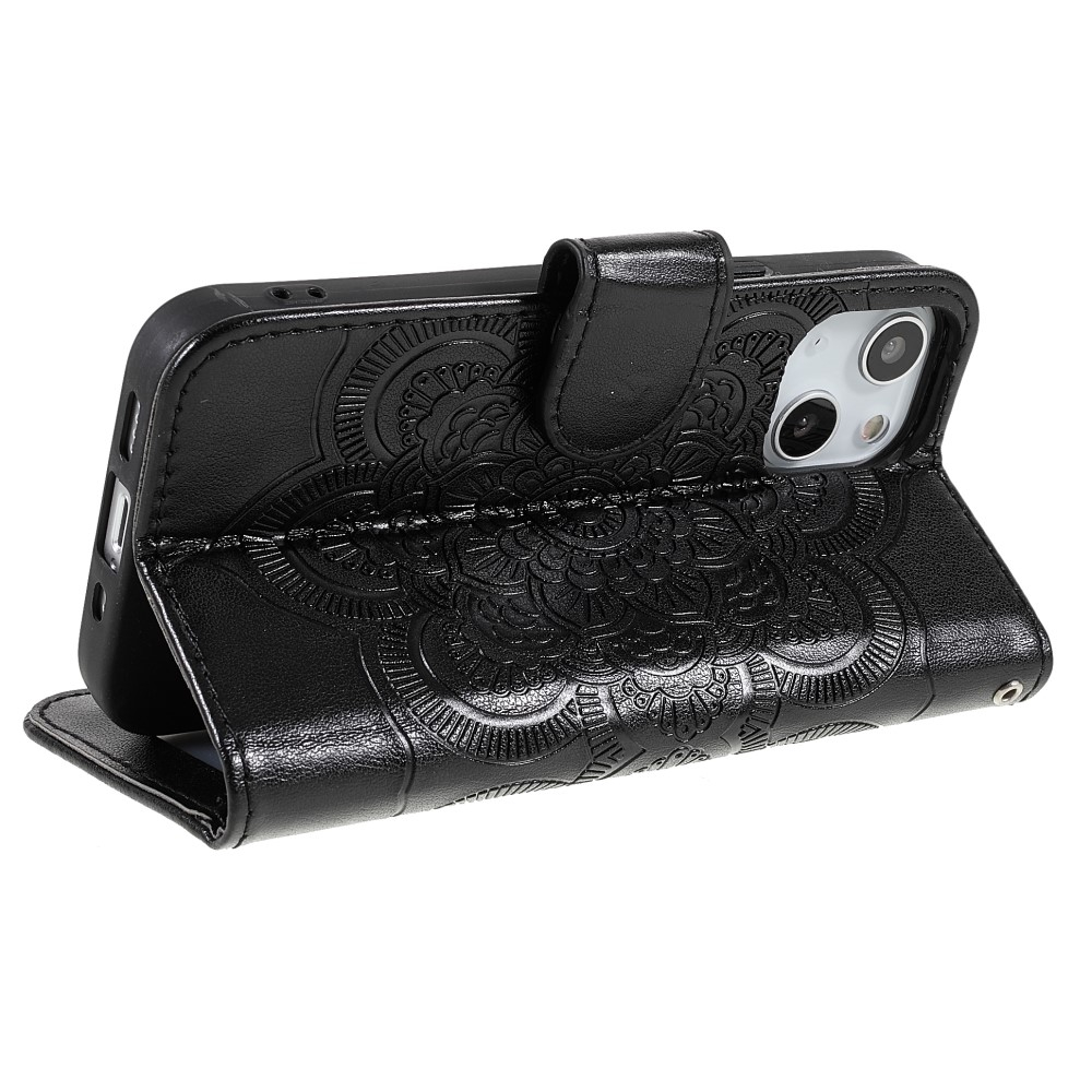 iPhone 13 Leder Tasche Wallet - Mandala Flowers Imprint - Schwarz