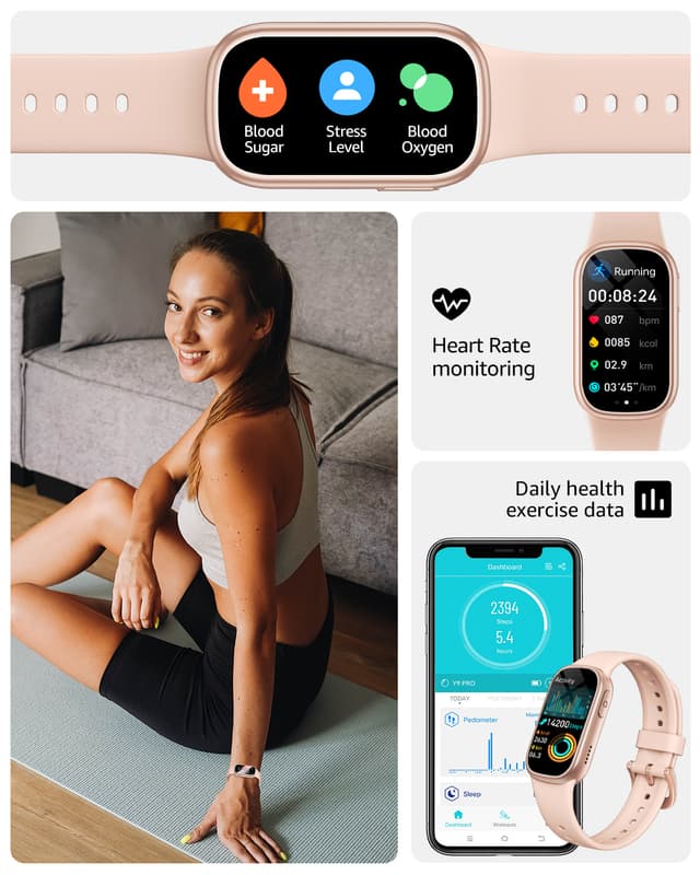 Smartwatch med pulsmåler, blodtryksmåler, søvnmonitor, skridttæller Rose guld