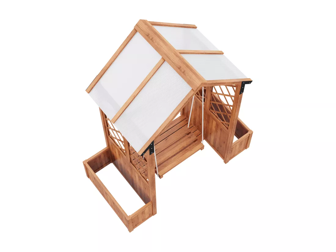 Cache-pot, balançoire d'extérieur, jardinière avec treillis, avec toit ouvrant en polycarbonate. Jardinière en bois massif marron