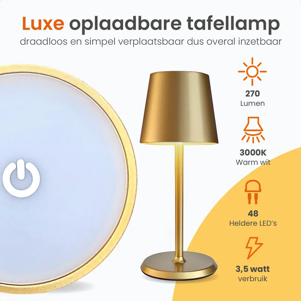 Goliving Tafellamp Oplaadbaar – Draadloos en dimbaar – Moderne touch lamp