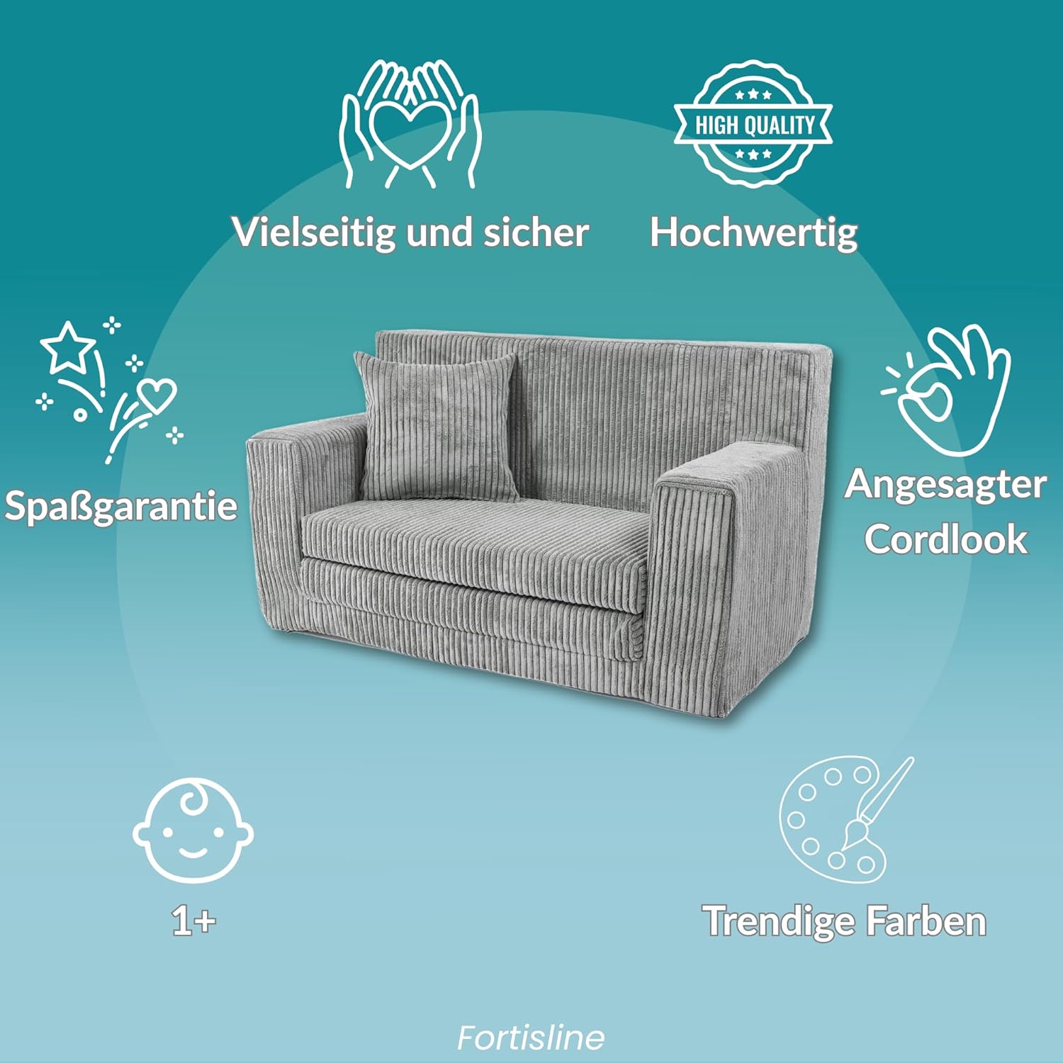 FORTISLINE - Kindersofa ausklappbar 83x47x43cm Oeko-TEX - Spielesofa für Kinder 2in1 - Kindercouch Aufklappen Bettfunktion - Schlafcouch aus Schaumstoff - Kuschel-Cord - Viele Muster (Schwarz)