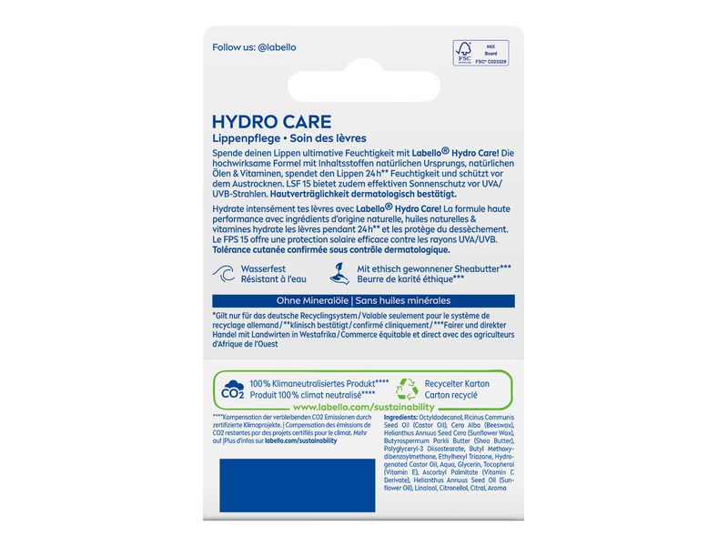 LABELLO Lippenpflege Hydro Care 4.8 g Lippenpomade für 24 Stunden Pflege und Feuchtigkeit